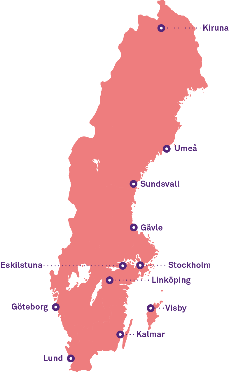 Sverigekarta med CSNs kontor utmarkerade, Kiruna, Umeå, Sundsvall, Gävle, Stockholm,Eskilstuna, Linköping, Visby, Kalmar, Göteborg, Lund