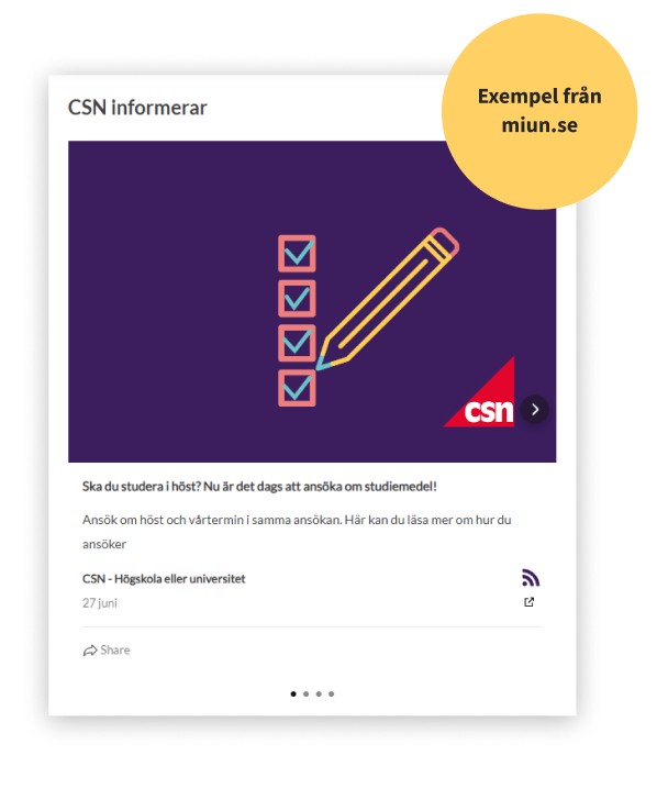 Exempelbild från Mittuniversitetets hemsida som visar en av nyheterna från CSN:s RSS-flöde. På bilden är det en grafik med en penna som bockar av rutor med en text om att komma ihåg att ansöka om studiemedel inför höstens studier.