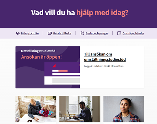 Startsidan för csn.se. Högst upp ligger det en turkos banner med texten Till ansökan om omställningsstudiestöd, logga in och kom direkt till ansökan. 