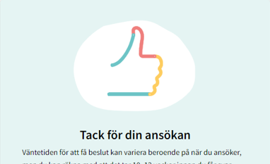 Bilden visar en tumme upp och texten Tack för din ansökan!