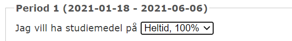 Bild från ansökan där det är ifyllt att den studerande vill ha studiemedel på heltid (100%)