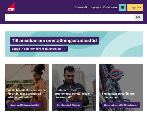 Startsidan för csn.se. Högst upp ligger det en turkos banner med texten Till ansökan om omställningsstudiestöd, logga in och kom direkt till ansökan. 
